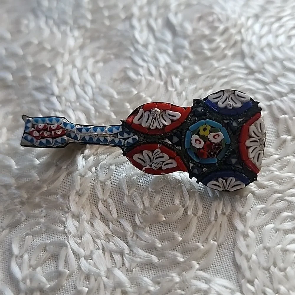 VINTAGE Micromosaic guitar brooch pin Italian Mid Century